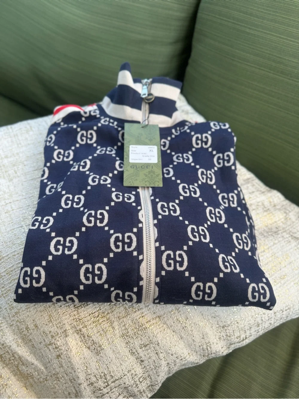 Gucci NWT GG Monogram Track Suit with Red Stripes Jacquard Caspian Navy Blue XL